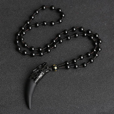 Natural Black And Ice Obsidian Wolf Tooth Amulet Necklace